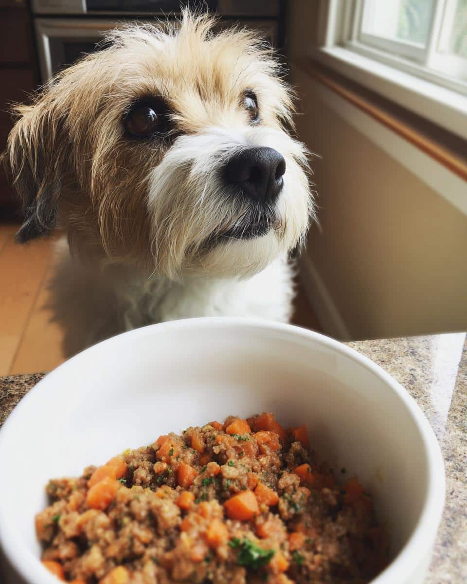 A cute senior dog looks longingly at a bowl of Soft Beef & Carrot Senior Small Dog Recipe.