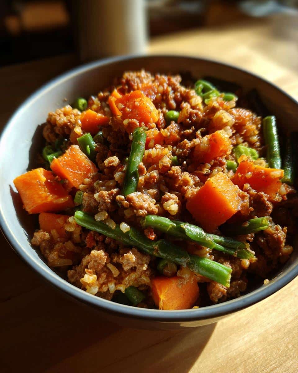 Bowl of homemade Slow Cooker Dog Food Recipes with ground meat, carrots, and green beans.