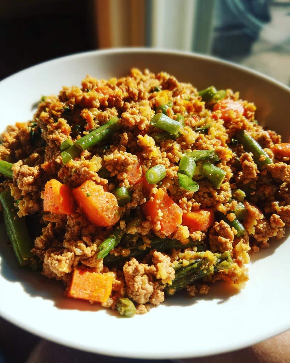 A bowl of homemade Slow Cooker Dog Food Recipes featuring ground meat, carrots, and green beans.