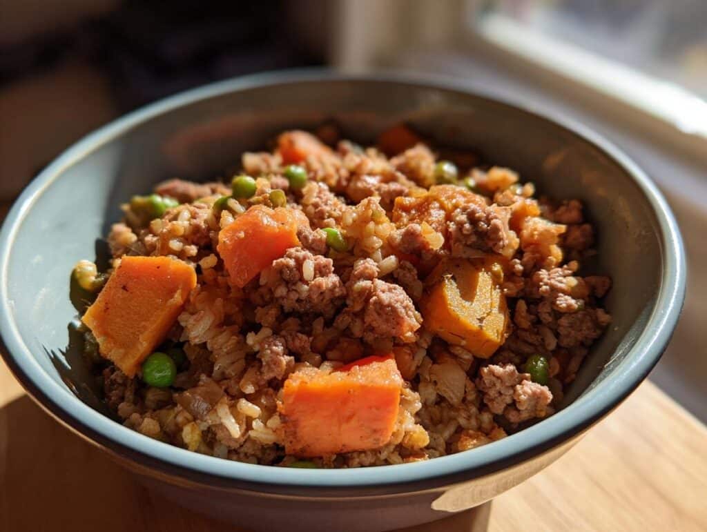 Bowl of homemade Slow Cooker Dog Food Recipes with ground meat, rice, carrots, and peas.
