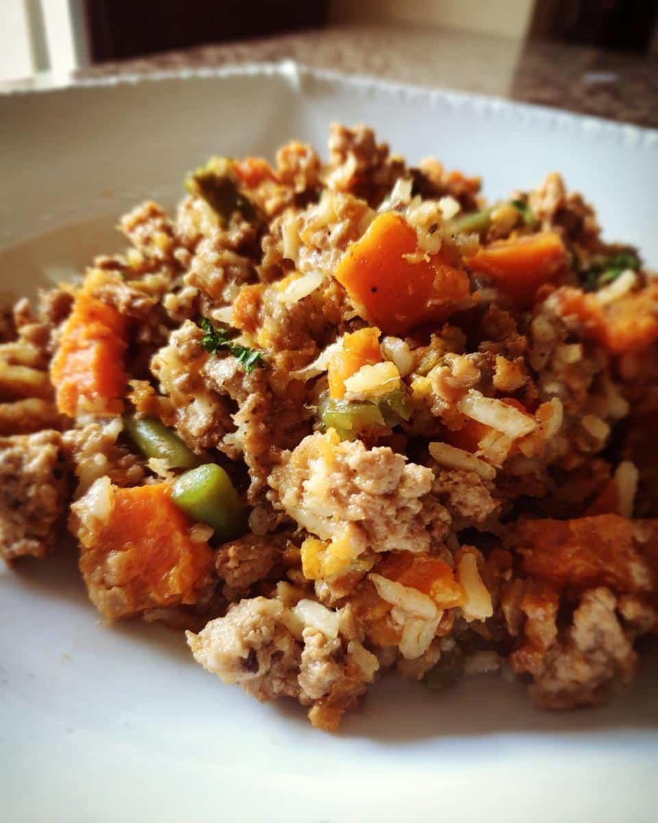 Close-up of homemade Slow Cooker Dog Food Recipes with meat, rice, carrots, and green beans.