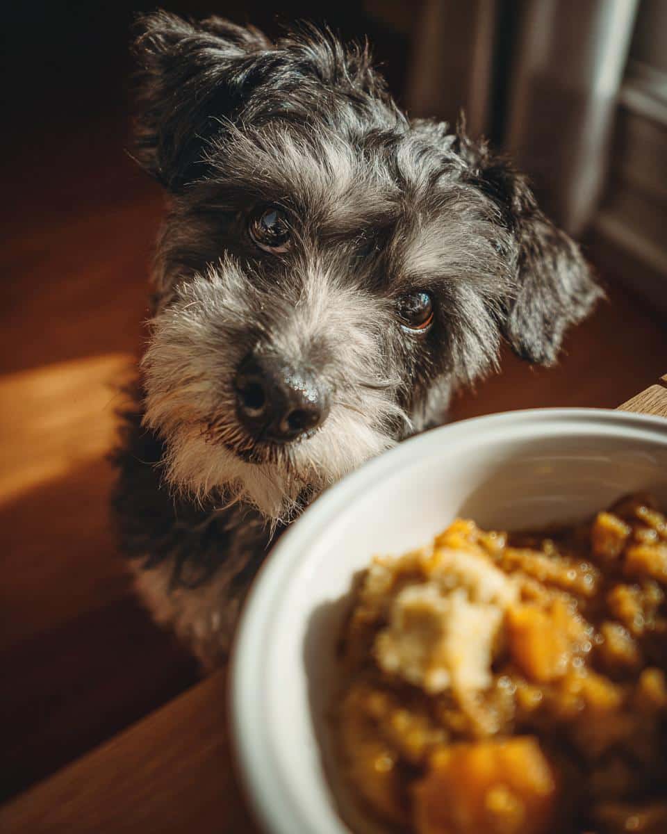Small dog looks hopefully at a bowl of Pumpkin & Turkey Small Dog Recipe, ready to eat.