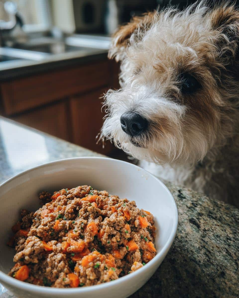 Small dog looking at a bowl of Soft Beef & Carrot Senior Small Dog Recipe.