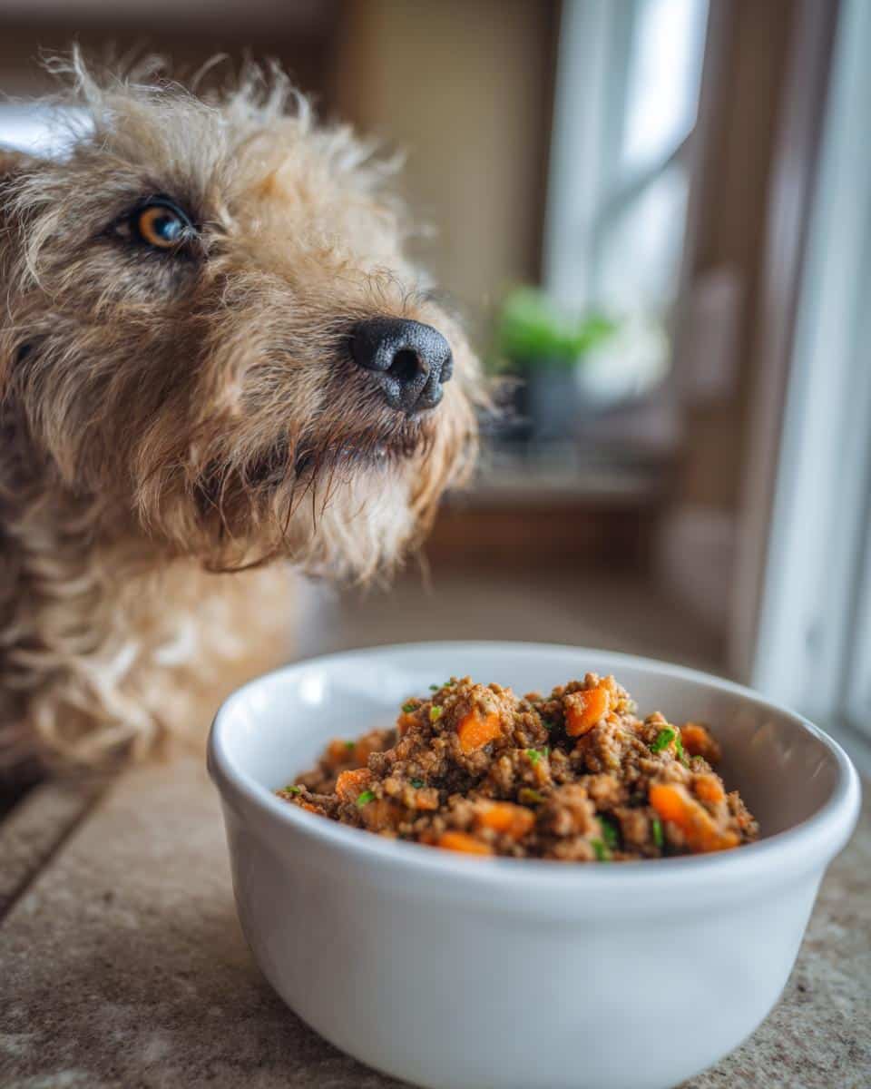 A small dog gazes at a bowl of Soft Beef & Carrot Senior Small Dog Recipe. The food is in a white bowl.