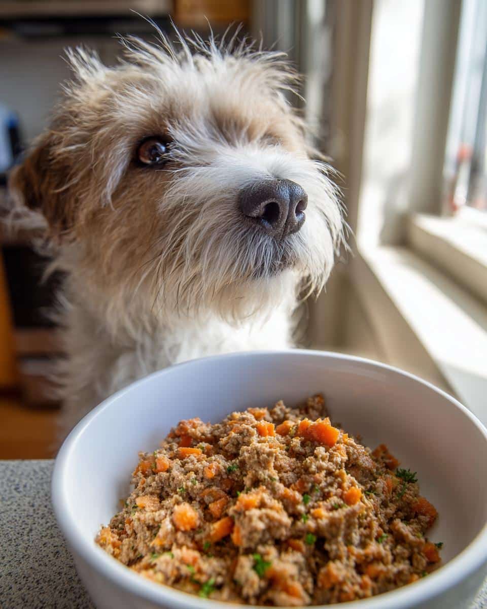 Senior dog looks longingly at a bowl of Soft Beef & Carrot Senior Small Dog Recipe.