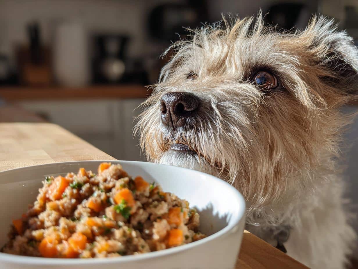 Small senior dog eagerly looking at a bowl of Soft Beef & Carrot Senior Small Dog Recipe.