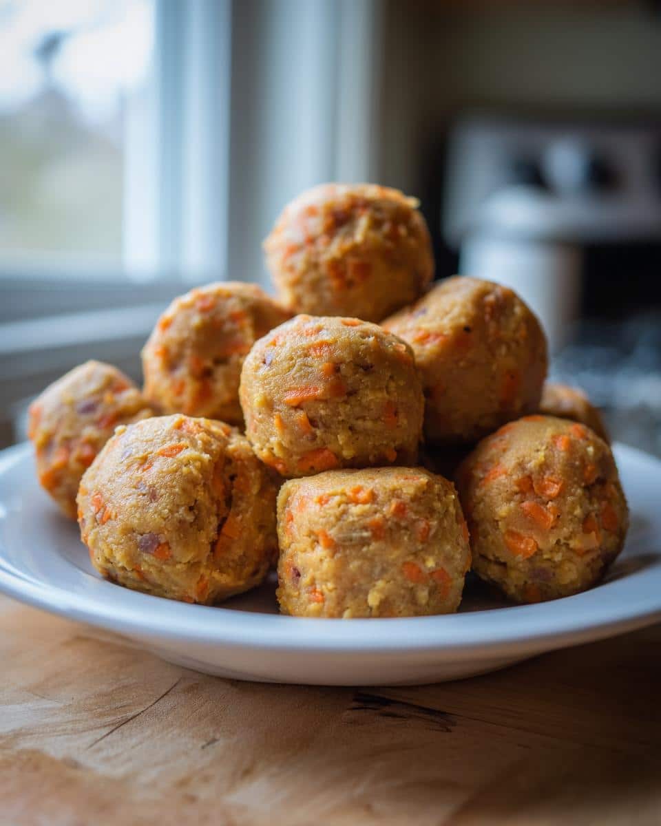 A stack of homemade Soft Carrot Peanut Butter Dog Treats on a white plate, ready to be served to your furry friend.