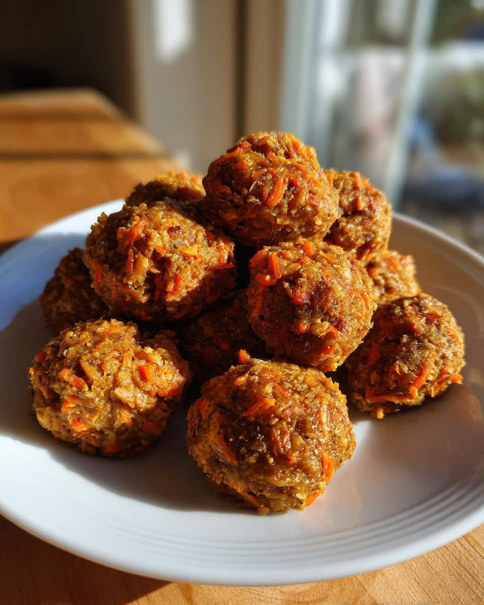 A pile of homemade Soft Carrot Peanut Butter Dog Treats on a white plate, ready to be served to your furry friend.
