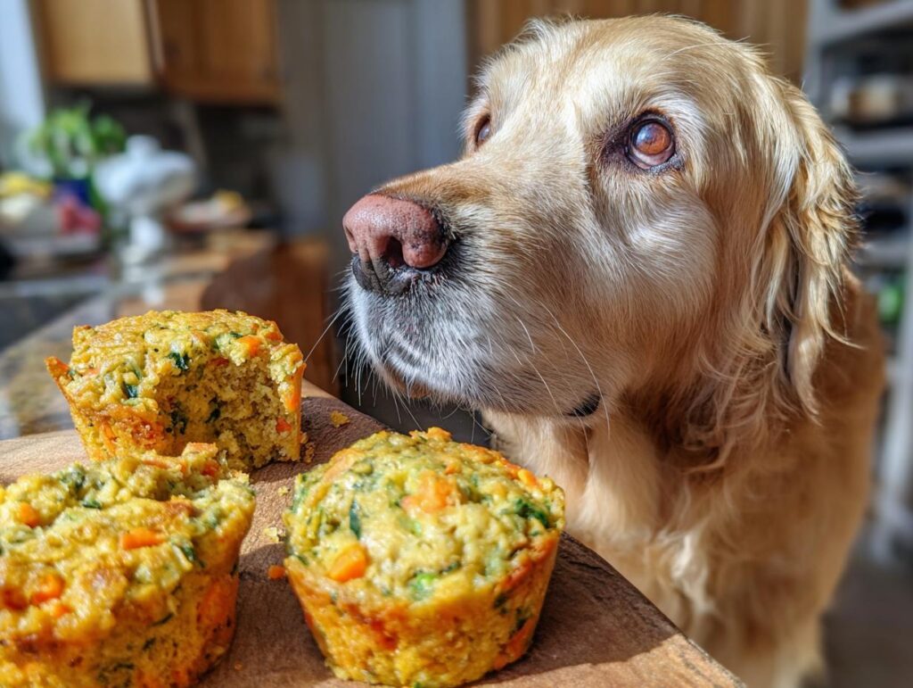 Golden Retriever dog looking at Spinach & Apple Mini Cakes. Homemade dog treat recipe.