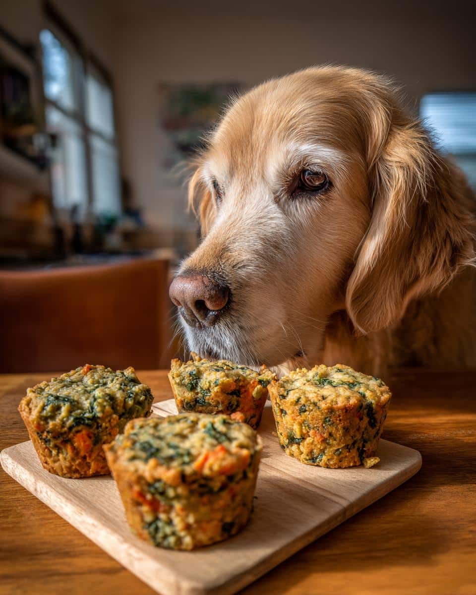 Golden retriever dog gazes at a wooden board with four Spinach & Apple Mini Cakes, ready to enjoy the treat.