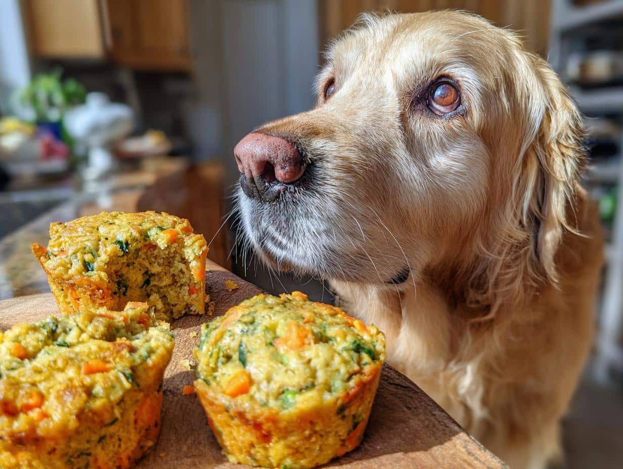 Golden Retriever dog looking at Spinach & Apple Mini Cakes. Homemade dog treat recipe.