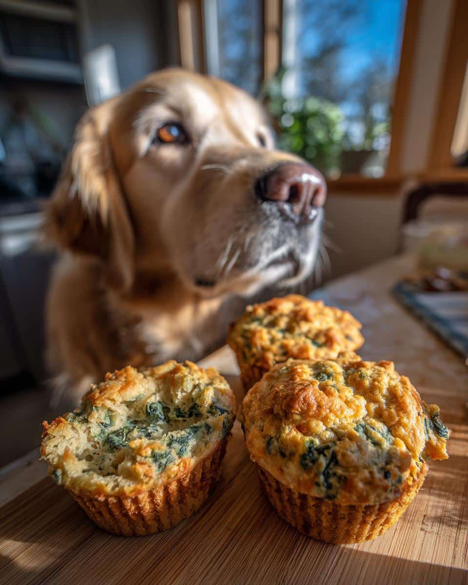 Golden Retriever looking at Spinach & Apple Mini Cakes – Recipe for Dogs. Homemade dog treats on a wooden board.