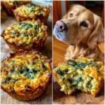 Golden retriever looking at a Spinach & Apple Mini Cake for Dogs, a healthy and delicious treat.