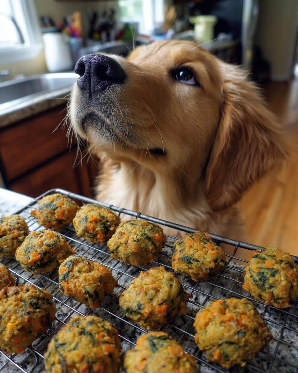 Golden retriever looking longingly at a batch of freshly baked Spinach Carrot Nuggets – Recipe for Dogs.
