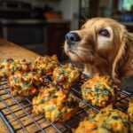Golden Retriever dog looking at freshly baked Spinach Carrot Nuggets on a cooling rack.