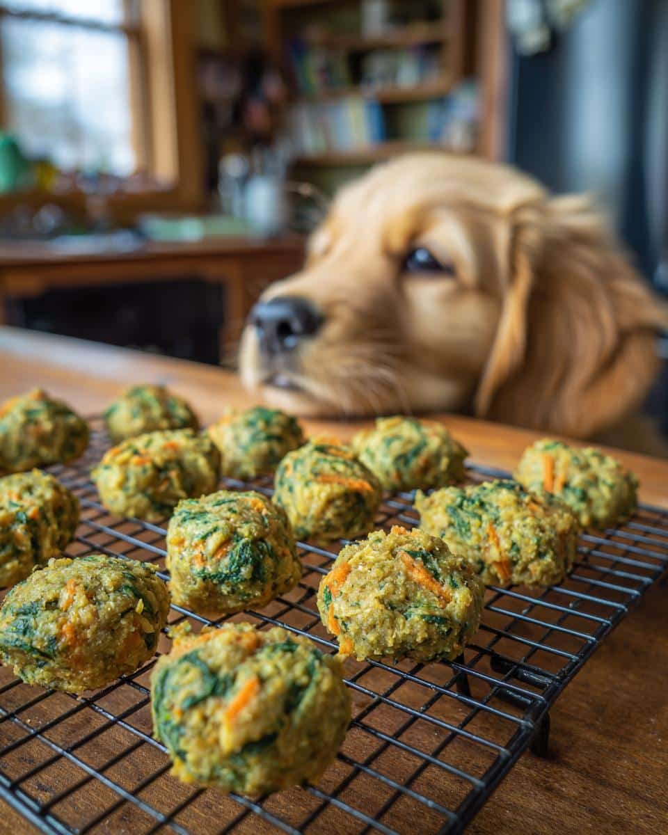Golden retriever puppy longingly gazes at a batch of freshly made Spinach Carrot Nuggets – Recipe for Dogs.