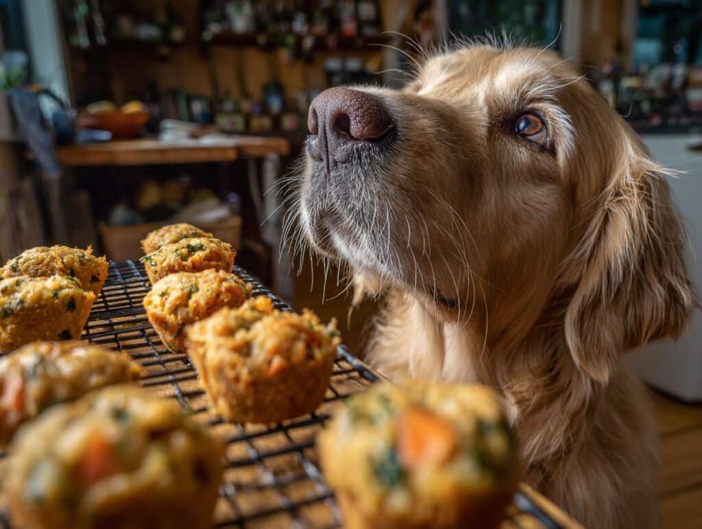 Golden Retriever dog looking longingly at freshly baked Spinach Carrot Nuggets.