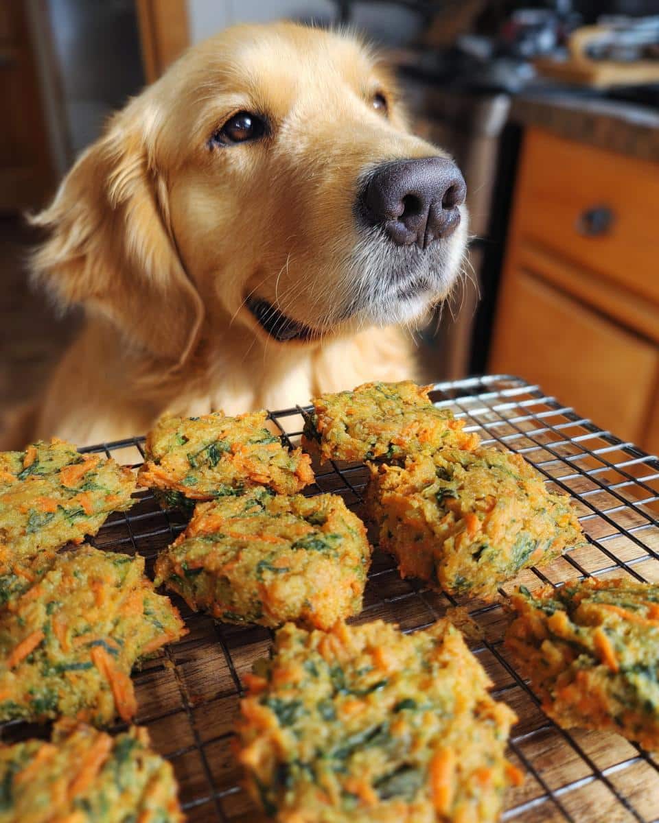 Golden Retriever looking at a batch of freshly baked Spinach Carrot Nuggets on a cooling rack.