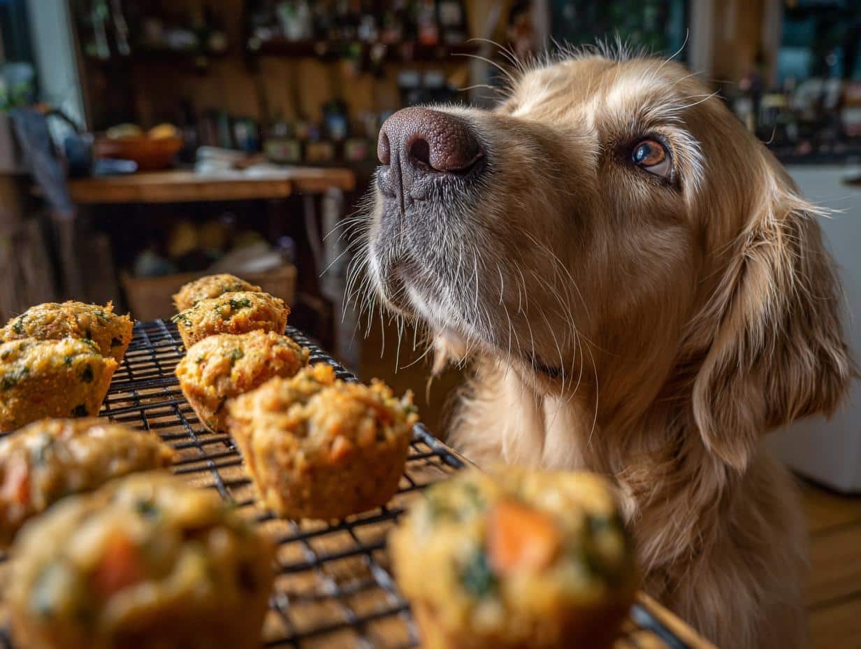 Golden Retriever dog looking longingly at freshly baked Spinach Carrot Nuggets.