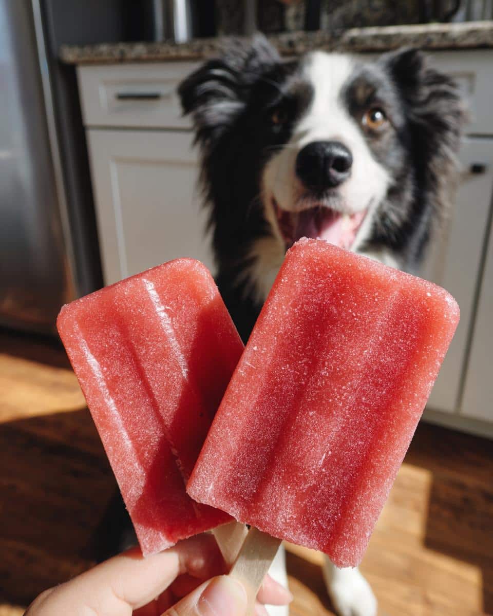 Two Strawberry Banana Frozen Pops for Dogs held up with a happy dog in the background.