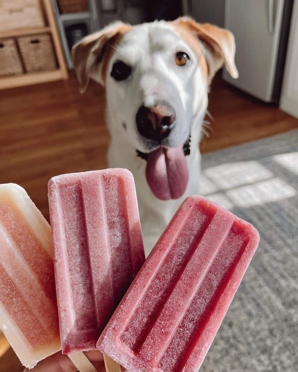 Overhead shot of homemade Strawberry Banana Frozen Pops – Recipe for Dogs on a marble surface.