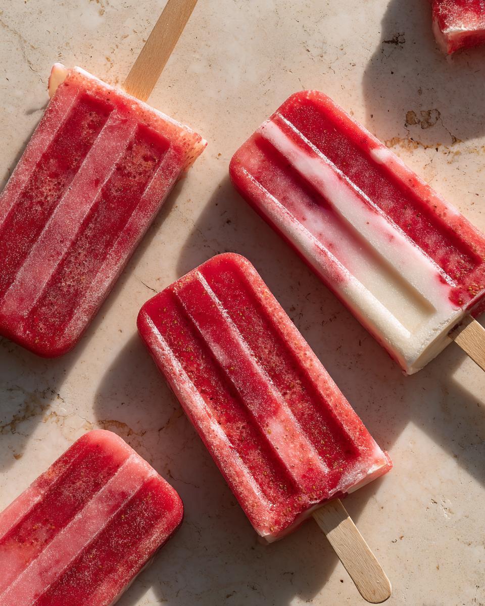 Overhead shot of homemade Strawberry Banana Frozen Pops – Recipe for Dogs on a marble surface.