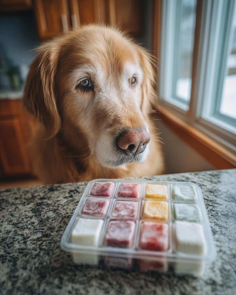 Golden Retriever looking at Strawberry Yogurt Swirls – Recipe for Dogs in an ice cube tray on a kitchen counter.