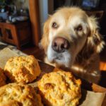 Golden Retriever dog looking longingly at Sweet Potato Cheddar Biscuits – Recipe for Dogs.