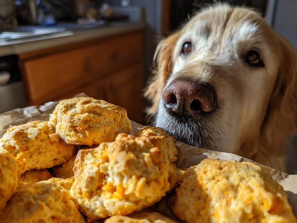 Golden Retriever dog looking at a pile of Sweet Potato Cheddar Biscuits – Recipe for Dogs on parchment paper.
