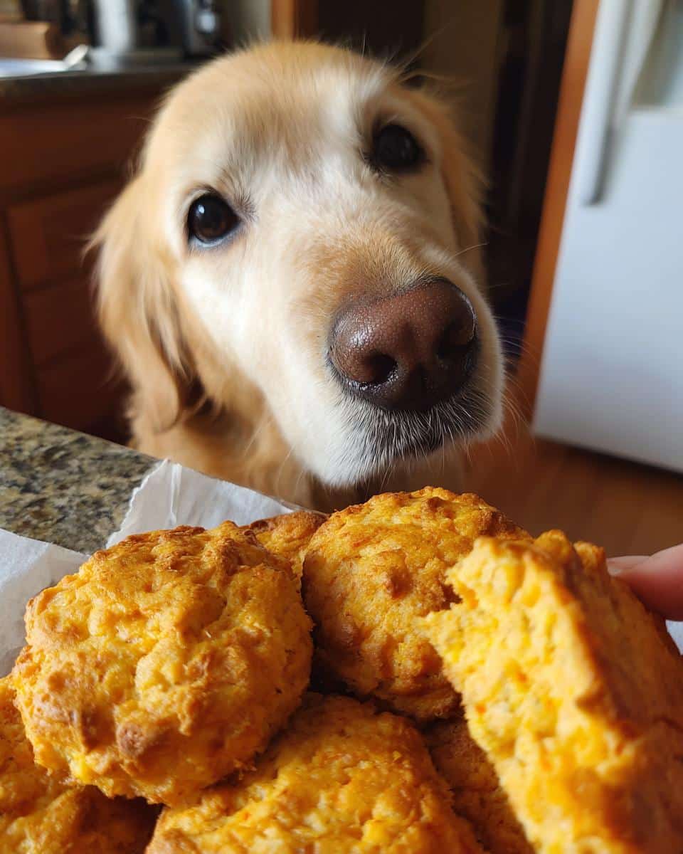 Golden retriever looking longingly at a pile of Sweet Potato Cheddar Biscuits – Recipe for Dogs.