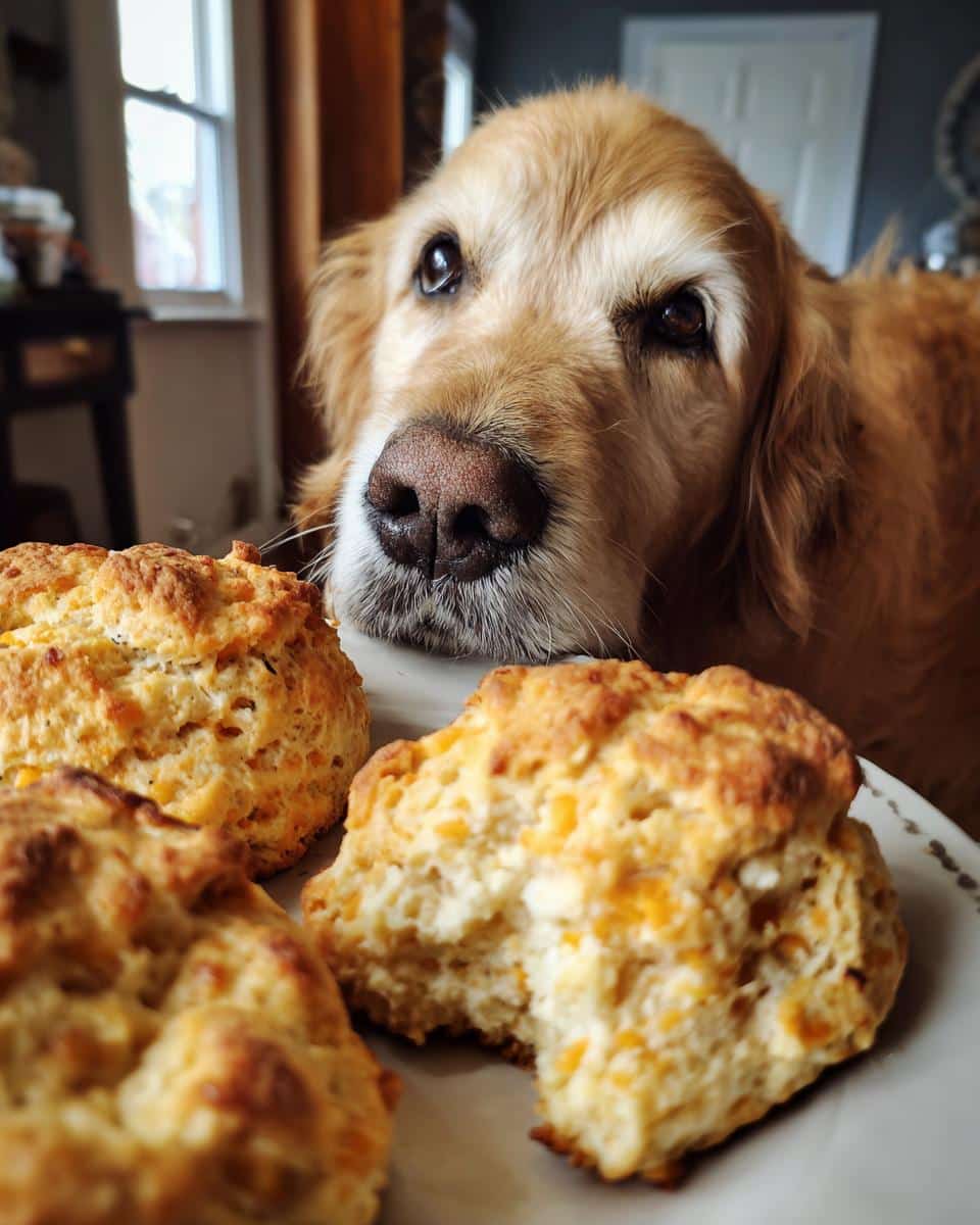Golden Retriever looking at Sweet Potato Cheddar Biscuits – Recipe for Dogs on a plate.