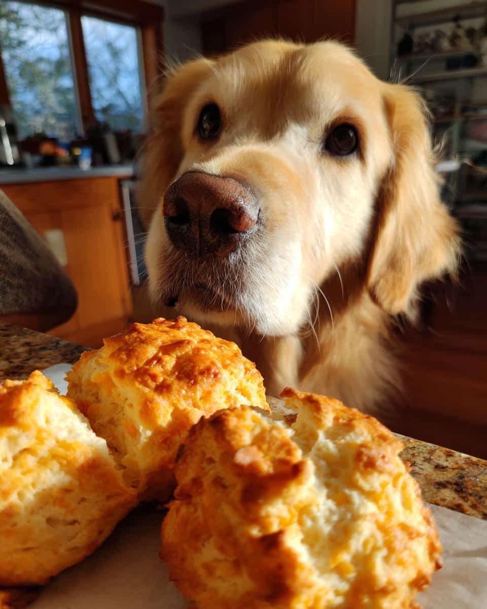 Golden retriever looking at Sweet Potato Cheddar Biscuits. Recipe for Dogs. 