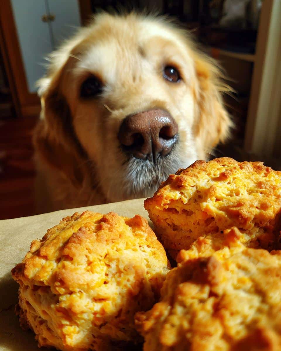 Golden retriever looking longingly at Sweet Potato Cheddar Biscuits. Homemade dog treats.