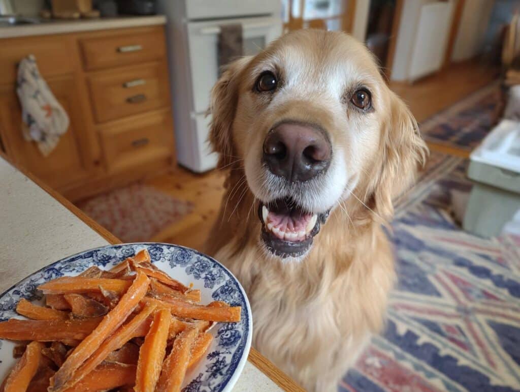 Golden retriever dog looking eagerly at a plate of homemade Sweet Potato Chews.