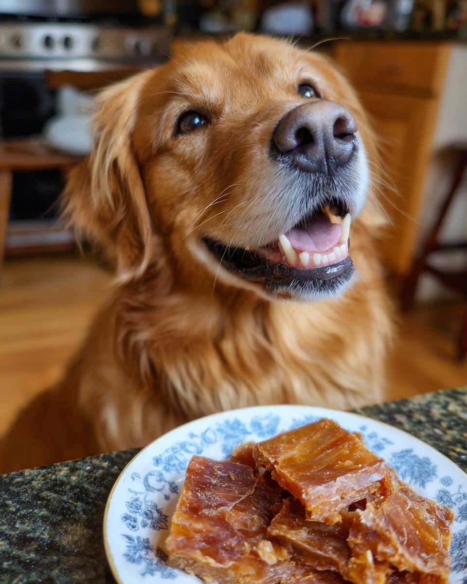 Golden Retriever looking eagerly at a plate of Sweet Potato Chews – Recipe for Dogs.