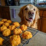 Golden Retriever dog looking at a cooling rack of Sweet Potato & Chicken Easy Dog Recipe treats in a kitchen setting.