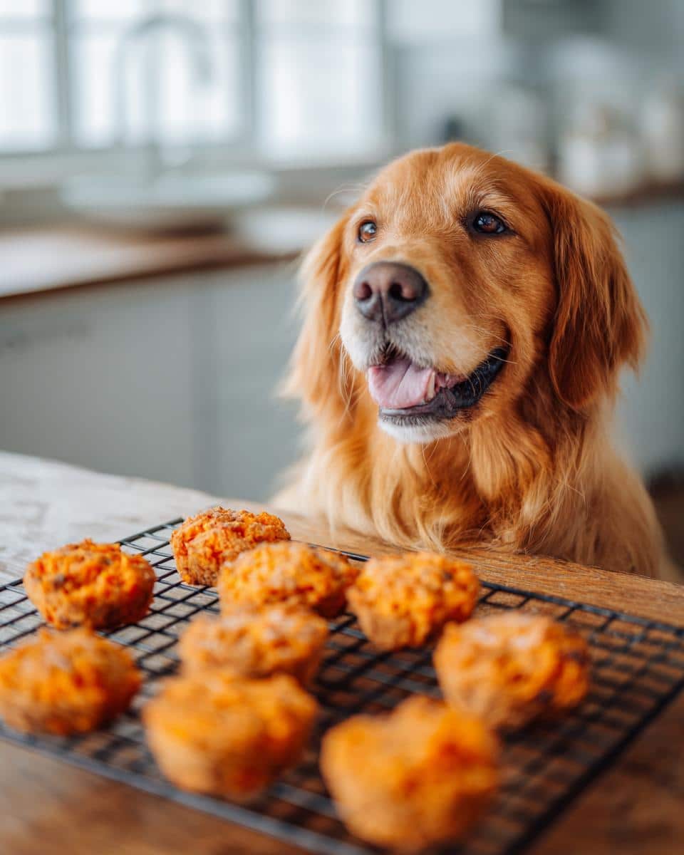 Golden Retriever dog looking longingly at a batch of Sweet Potato & Chicken Easy Dog Recipe treats cooling on a rack.