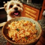 A bowl of Sweet Potato & Chicken Small Dog Meal with a happy dog in the background.