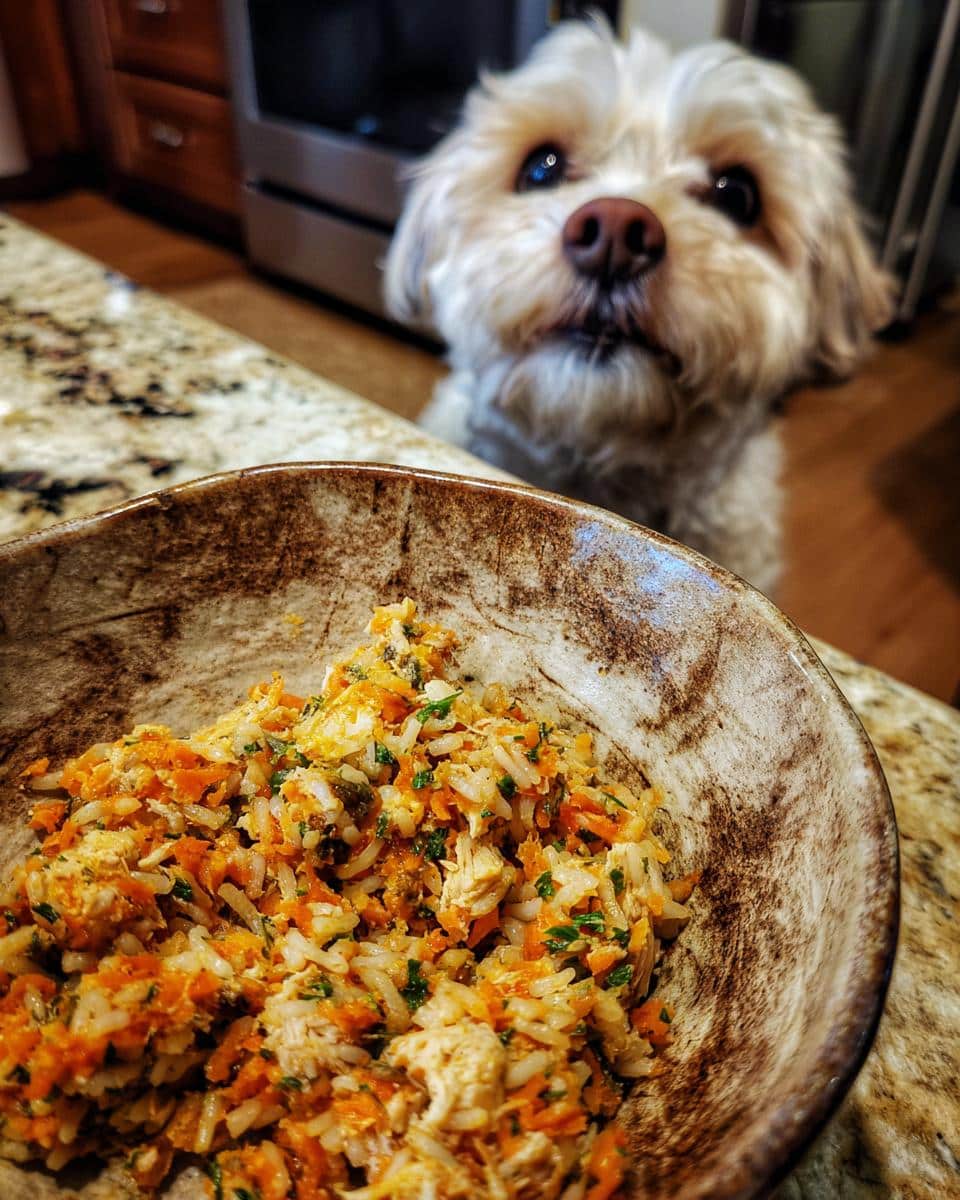 Small dog eagerly awaits a bowl of Sweet Potato & Chicken Small Dog Meal. Focus on the food.