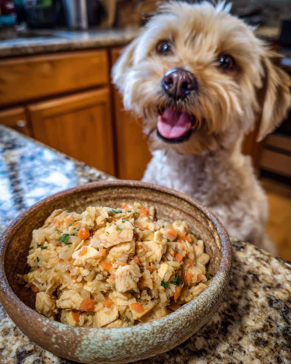 A happy dog looks at a bowl of Sweet Potato & Chicken Small Dog Meal. Homemade dog food.