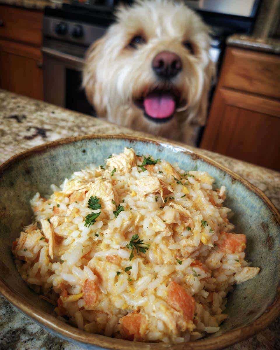 Bowl of Sweet Potato & Chicken Small Dog Meal with a happy dog in the background.
