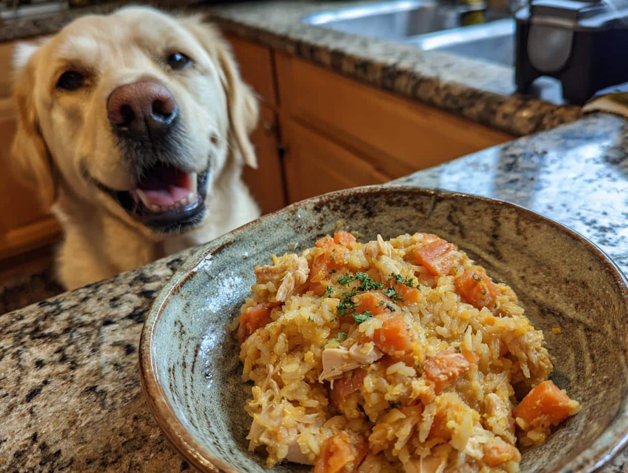 A golden retriever eagerly awaits a bowl of Sweet Potato & Chicken Small Dog Meal.
