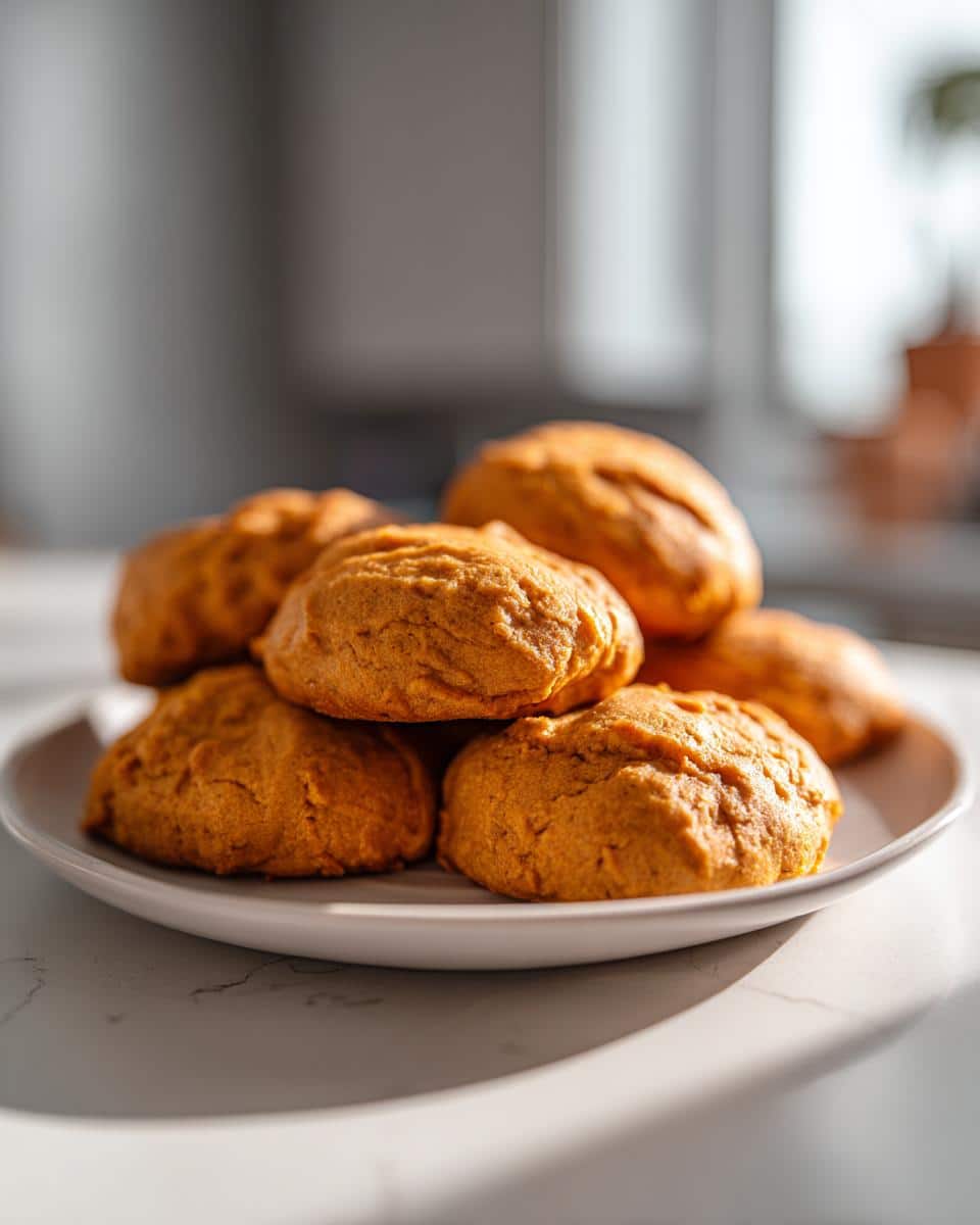 A stack of freshly baked 3-Ingredient Sweet Potato Dog Cookies on a white plate, ready to be enjoyed by your furry friend.