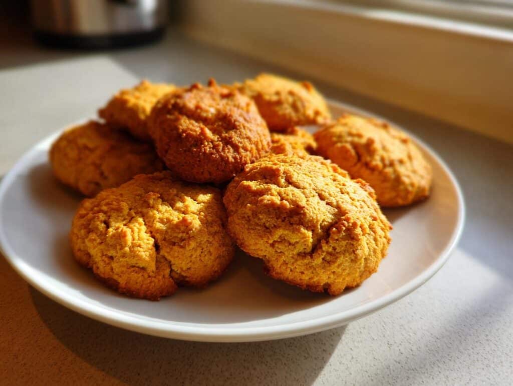 A plate of freshly baked 3-Ingredient Sweet Potato Dog Cookies, golden brown and ready to be enjoyed.
