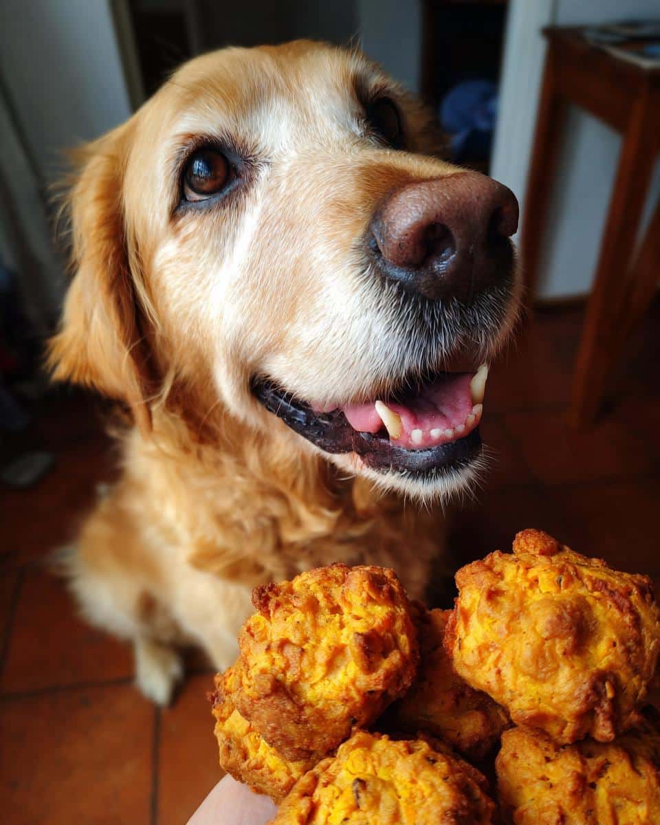 Golden Retriever looking eagerly at Sweet Potato & Lentil Nuggets. A healthy dog treat recipe.