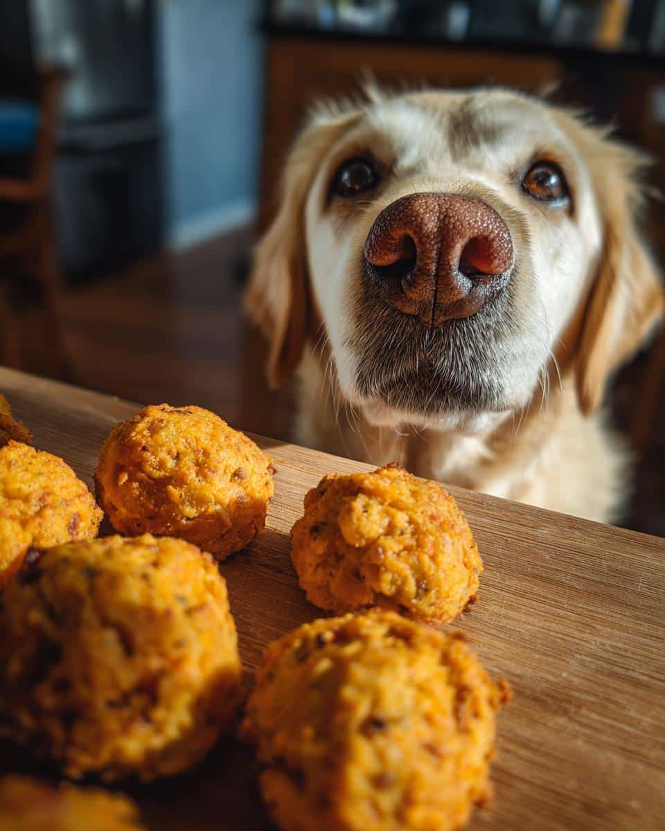 Golden Retriever looking at Sweet Potato & Lentil Nuggets, homemade dog treats.