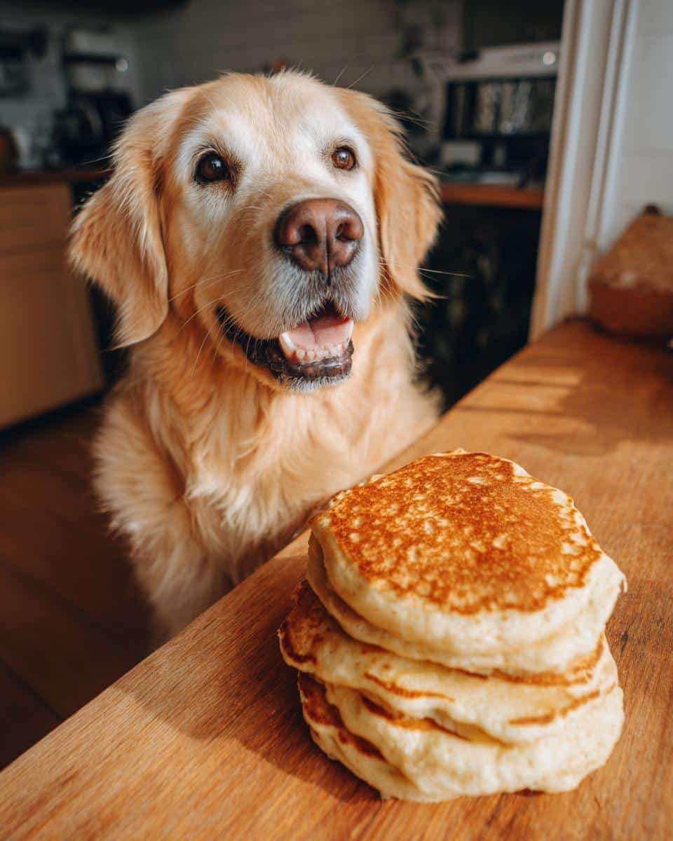 Golden Retriever looking at a stack of Sweet Potato Oat Pancakes – Recipe for Dogs.