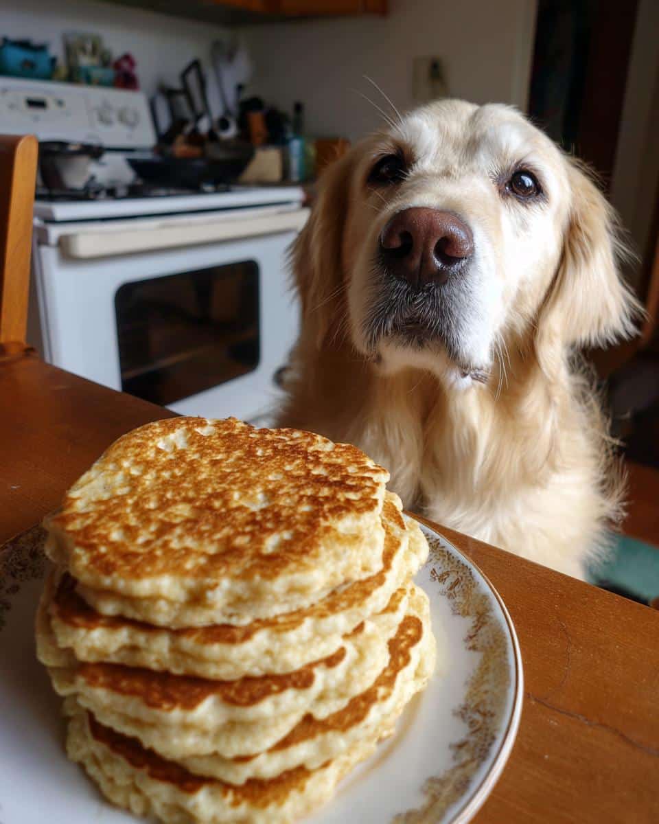 A stack of Sweet Potato Oat Pancakes for Dogs with a golden retriever looking longingly at them.
