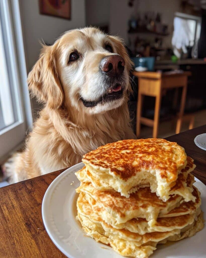 Golden retriever looking longingly at a stack of Sweet Potato Oat Pancakes. One pancake has a bite taken out of it.