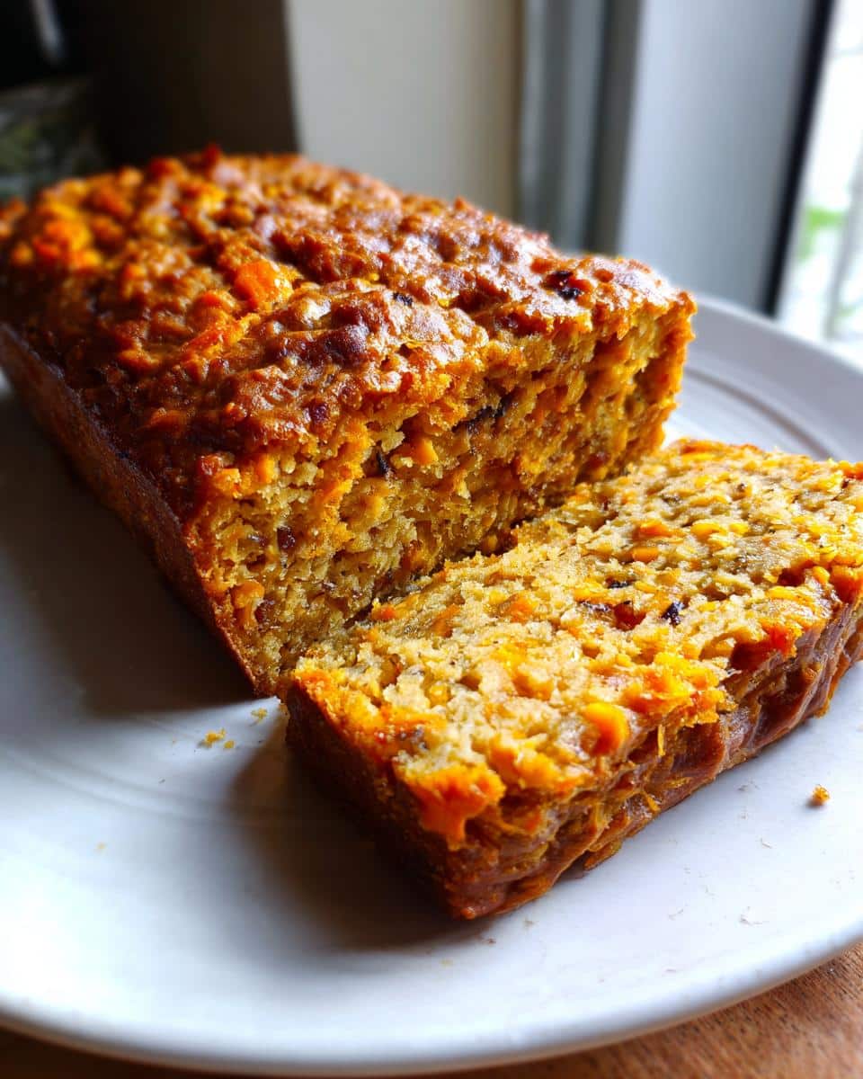 A sliced loaf of Sweet Potato and Oatmeal Dog Cake sits on a white plate, ready to be served to a happy pup.